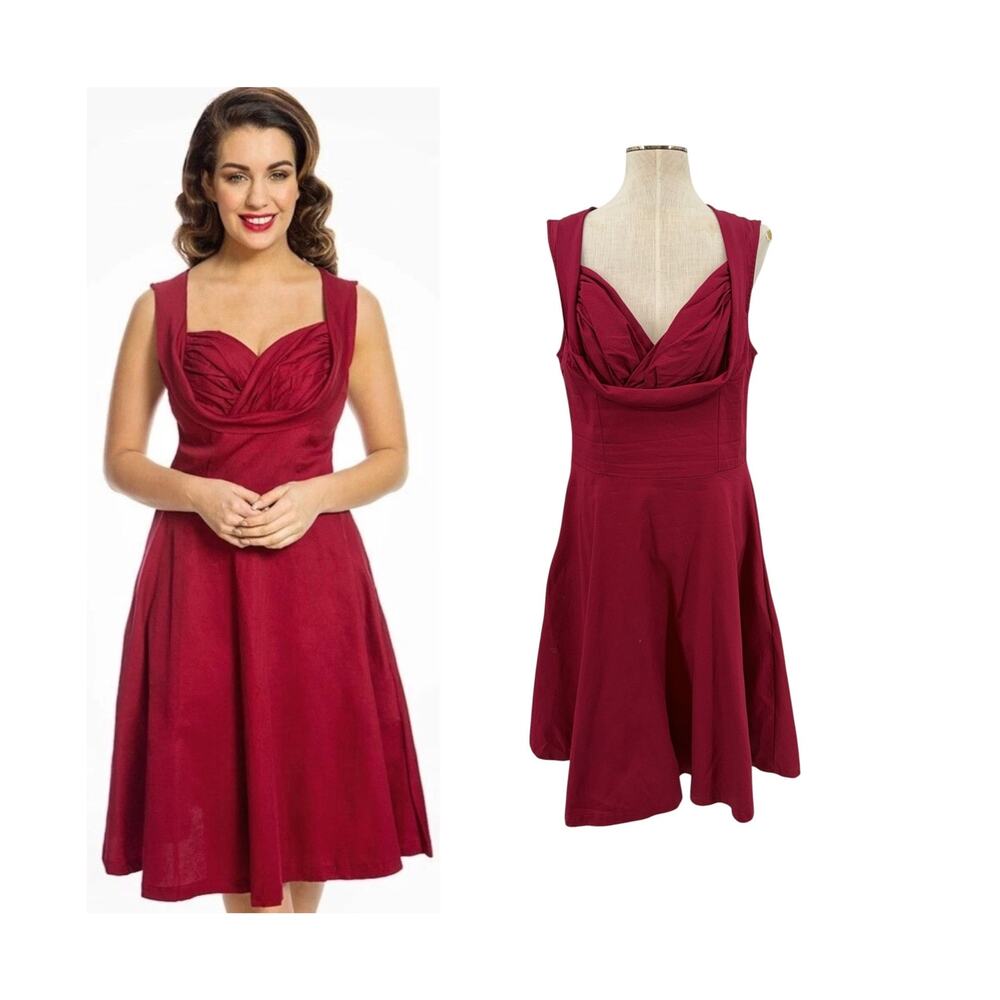 Lindy Bop Ophelia Shelf Bust Burgundy 50s Pinup Swing Dress Large UK 14 US Large